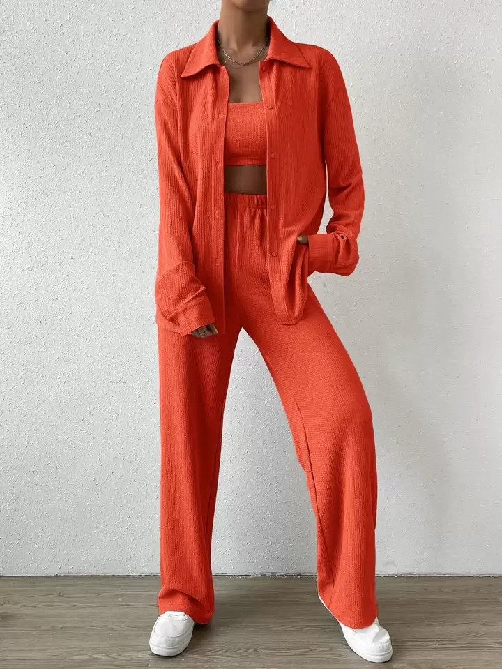 SHEIN EZwear Solid Crop Tube Top & Pants & Drop Shoulder Shirt | SHEIN