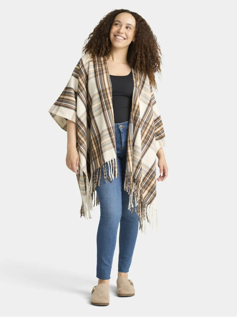 Time and Tru Women's Plaid Ruana Coverup, One Size, White | Walmart (US)