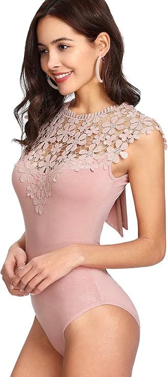 DIDK Women's Sheer Floral Lace Bow Knot Back Bodysuit | Amazon (US)