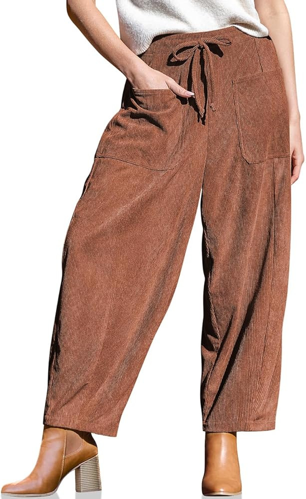 TARSE Women’s Corduroy Pants Baggy Wide Leg Pants Casual Elastic Waisted Palazzo Harem Pants wi... | Amazon (US)