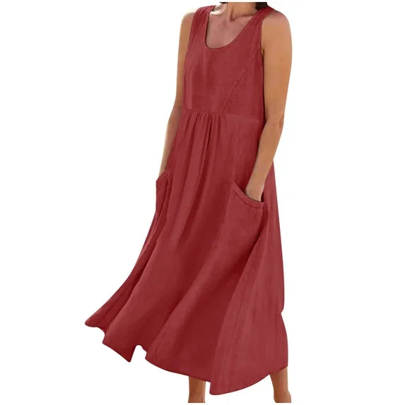 AKOEE Cotton Linen Tank Dress for Women with Pockets Scoop Neck Fashion Plus Size Summer Casual M... | Walmart (US)