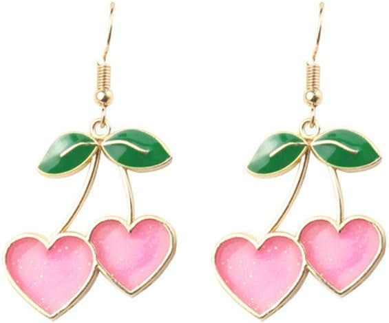 18K Gold Plated Pink Love Heart Cherry Charm Tassel Earrings Women Girls Sweety Fruit Dangle Earr... | Amazon (US)