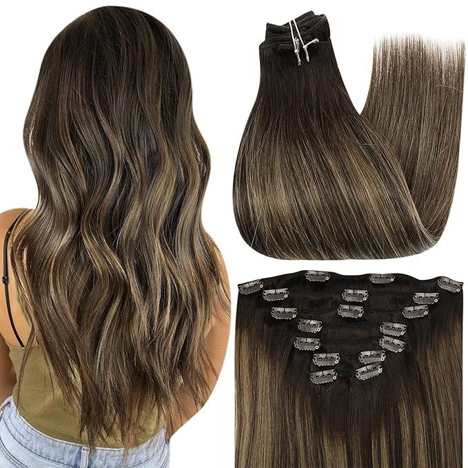 Full Shine Clip In Hair Extensions Human Hair 12 Inch Balayage Color 2 Darkest Brown Fading To 8 ... | Amazon (US)