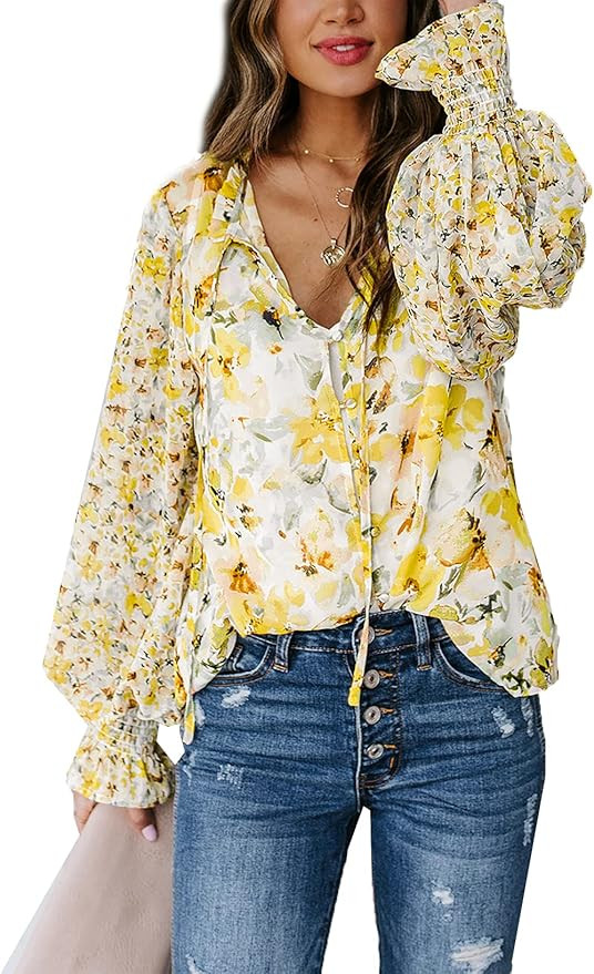SHEWIN Women's Casual Boho Floral Print V Neck Long Sleeve Drawstring Tops Loose Blouses Button D... | Amazon (US)