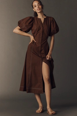 Exquise Stitched Puff-Sleeve Midi Dress | Anthropologie (US)
