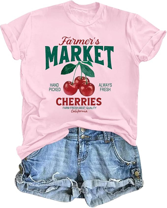 Cherry Shirt Women Vintage Fruit Graphic Tee Cherries Farmers Market Shirt Cute Preppy Aesthetic ... | Amazon (US)