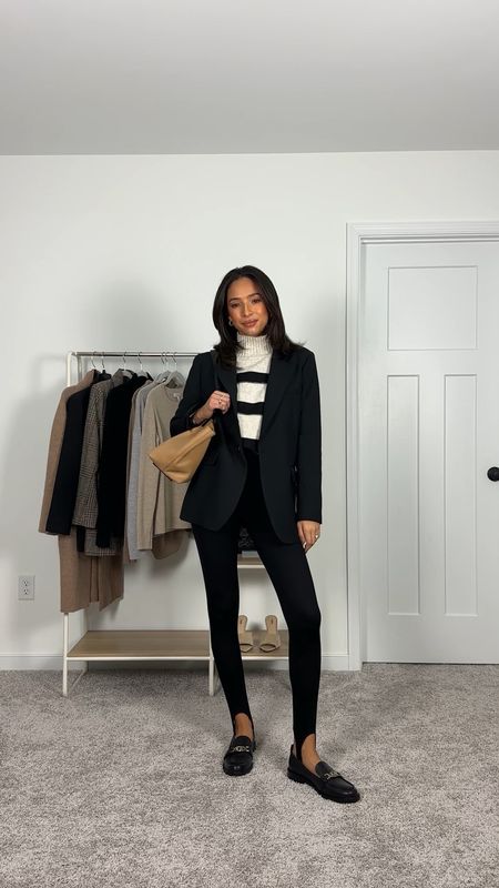Fall smart casual work outfit 🤍 XS striped sweater, S black blazer, 2 in leggings - code NENA20 to save on gold hoops 

#LTKstyletip #LTKworkwear #LTKunder100
