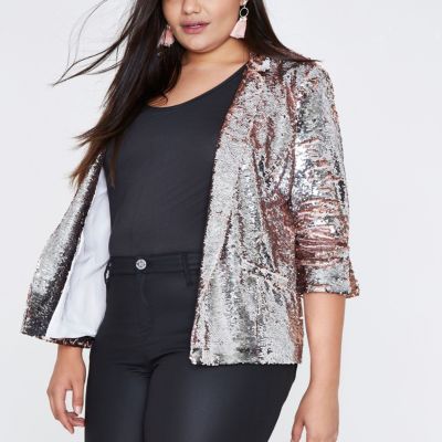 Plus silver and pink metallic sequin blazer | River Island (US)