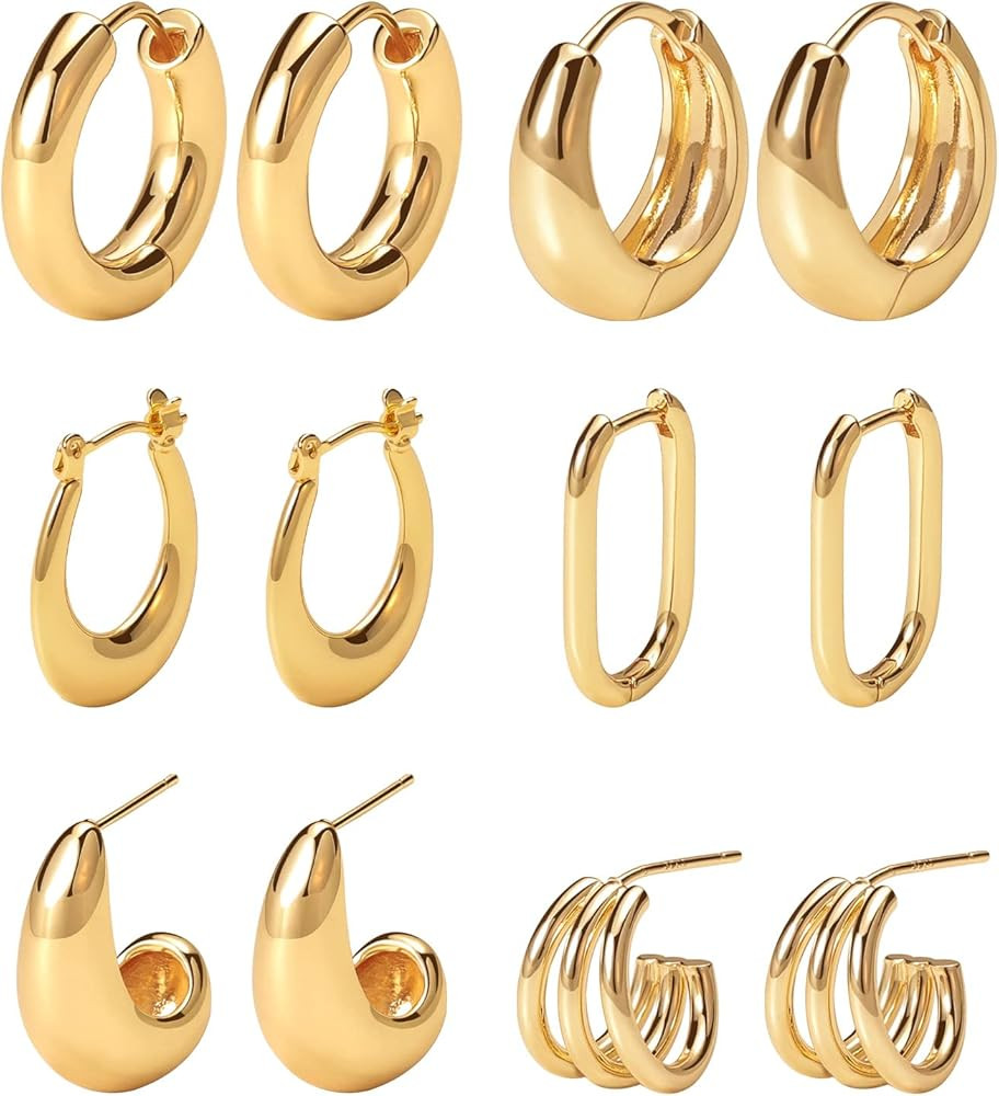 Gold Hoop Earrings Set 14k Real Gold Plated Huggie Earrings Hypoallergenic Chunky Twisted Thick J... | Amazon (US)