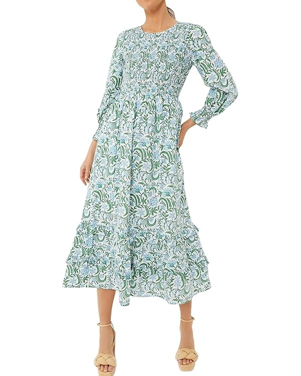 Women's Casual Long Blouson Sleeve Midi Tiered Smocked Dress | Amazon (US)