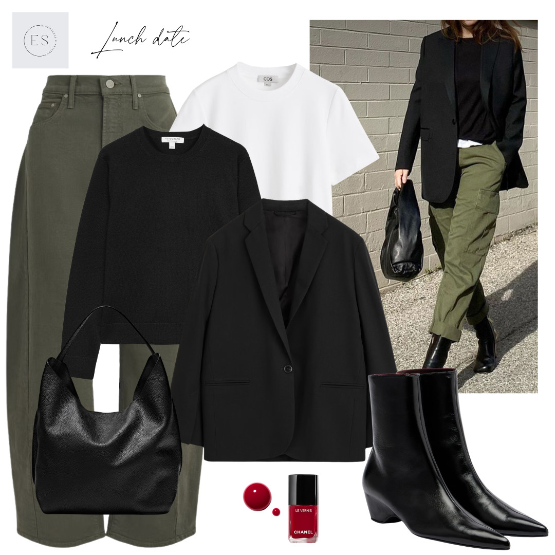 Smart casual Autumn outfit. 

Black blazer, white t-shirt, black cashmere jumper, khaki barrel leg jeans, black leather pointed toe ankle boots, black leather bag, red nail polish. 

 #LTKuk #LTKautumn #LTKjeans