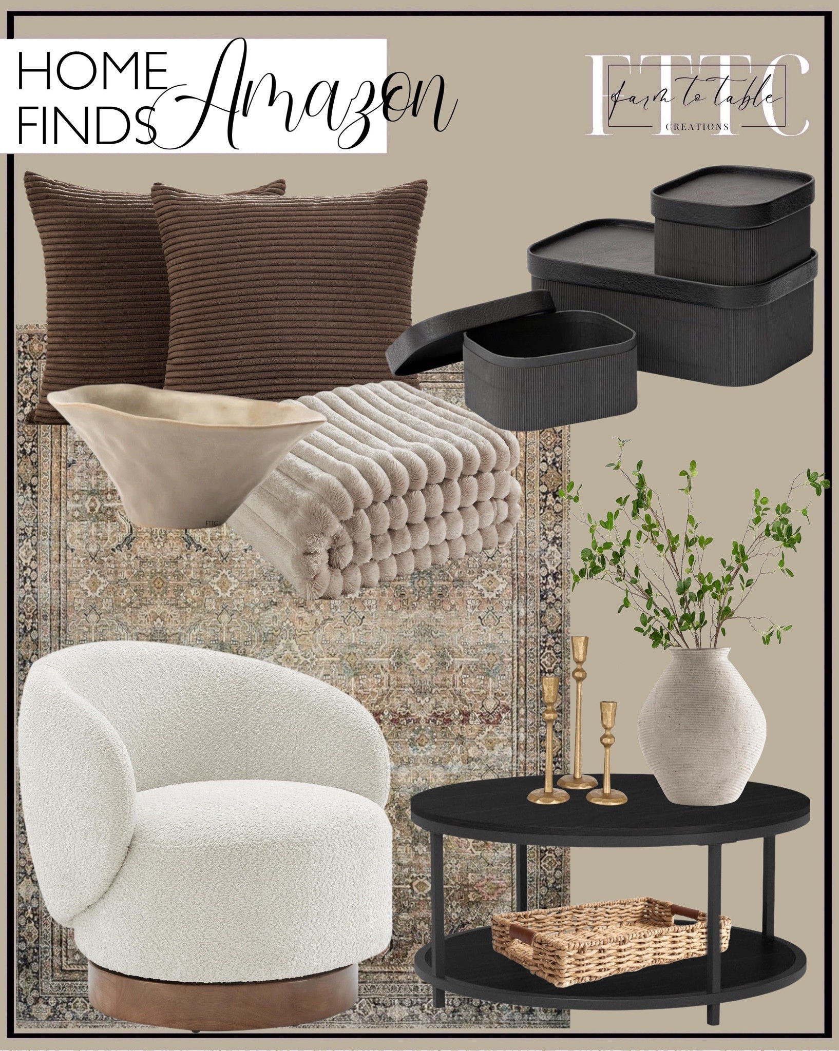 Amazon Home Finds.  Follow @farmtotablecreations on Instagram for more inspiration. 

Deconovo Throw Pillow Covers Corduroy 18x18 Inch Cream Stripe Pattern Square Soft Cushion Covers for Couch Bedroom Sofa Living Room Bed Chair Solid Pack of 2. Bedsure Fleece Throw Blanket for Couch - Super Soft Cozy Blankets for Women, Cute Small Blanket for Girls, 50x60 Inches Linen. Signature Design by Ashley Hannela 12" Modern Distressed Polyresin Vase, Antique Brown. NSdirect 36 inches Round Coffee Table, Rustic Wooden Surface Top & Sturdy Metal Legs Industrial Sofa Table for Living Room Modern Design Home Furniture with Storage Open Shelf (Black). KISLOT Swivel Accent Modern Round Barrel Armchair Upholstered Performance Fabric Sherpa Chair for Living Bedroom Reading Waiting Room, 22-inch Wide Seat, Cream. Loloi II Layla Olive / Charcoal 5'-0" x 7'-6" Area Rug. 3pcs Artificial Branches Plants Greenery Stems Faux Branches for Vase Plant Artificial Eucalytus Branches Fake Ficus Twig (45"/Each Branch) (Green). Velener Mini Sage Green Potted Boxwood Topiary Artificial Plants for Home Decor Indoor, Farmhouse House Plant Office Small Desk Shelf Apartment Coffee Bar Bathroom Decor Guest Room, Small Fake Plant. Summit Living Handwoven, Multipurpose Rectangle Rattan Tray, 20" x 12" – Durable Wicker Tray with Leather Handles for Home Decor Display or Fruit and Vegetable Storage Tray. Creative Co-Op Stoneware Bowl w Reactive Glaze, White. Antique Brass Iron Taper Candle Holder - Set of 3 Decorative Candle Stand, Candlestick Holder for Wedding, Dinning, Party. Bloomingville Organically Shaped Stoneware, Tan Reactive Glaze Bowl. LA JOLIE MUSE Fluted Cardboard Storage Baskets with Leather-Like Lids, Paper Boxes Decorative Tray, Modern Basket Organizer Bins for Jewelry Shelve Bathroom Bedroom Organizing,Black, Set of 3. Amazon Home Finds. Affordable Decor. 



#LTKSaleAlert #LTKHome #LTKFindsUnder50