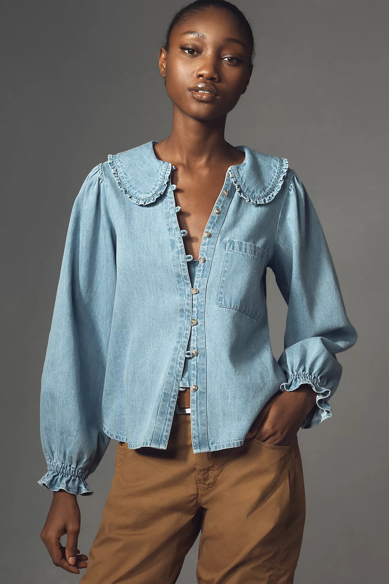 The Keira Collared Button-Front Blouse by Pilcro: Long-Sleeve Denim Edition | Anthropologie (US)