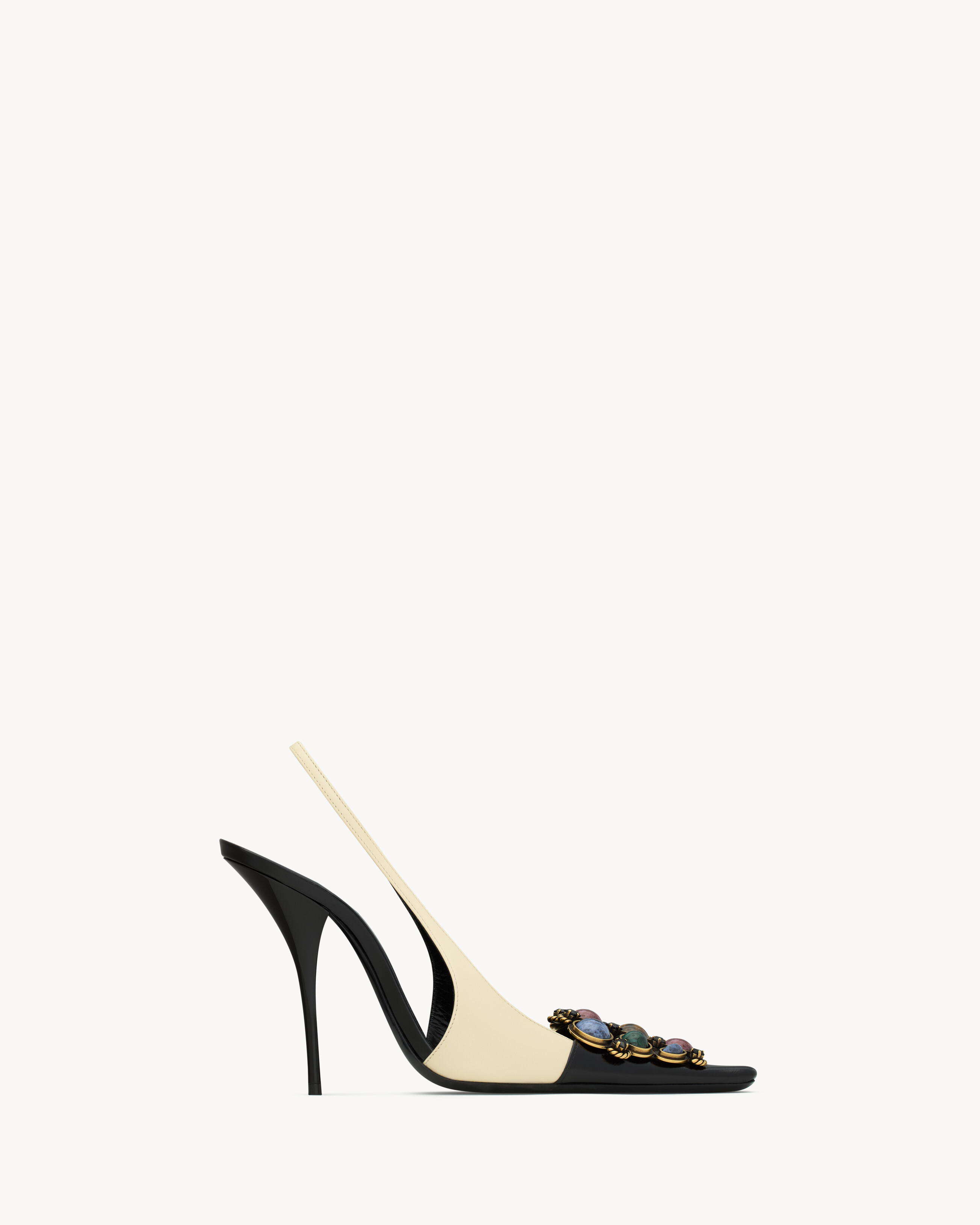 slingback pumps decorated with a resin and crystal jewel embellishment, featuring an elongated sq... | Saint Laurent Inc. (Global)