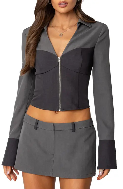 EDIKTED Angela Colorblock Corset Zip Top in Gray at Nordstrom, Size Small | Nordstrom