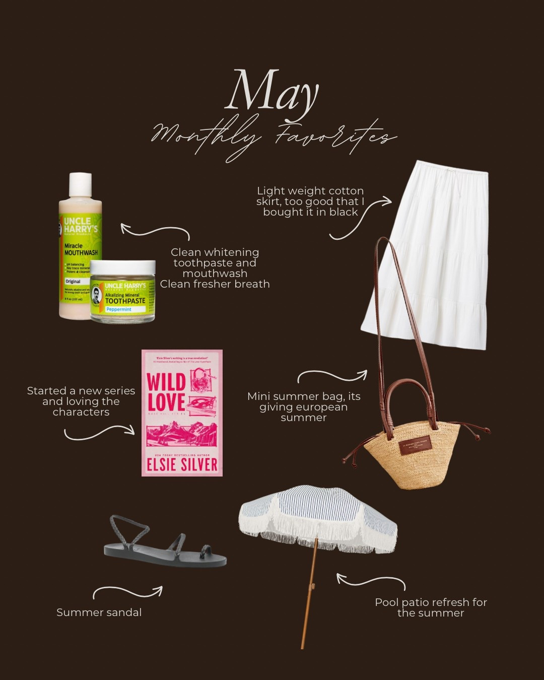 May Monthly Favorites

Cotton skirt, sandals, pool umbrella, sezane, book, summer read, teeth whitening 

#LTKBeauty #LTKStyleTip #LTKSummerEdit