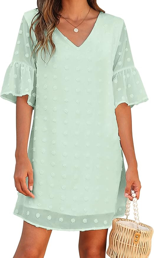 Blooming Jelly Womens White Dresses Short Sleeve V Neck Ruffle Cute Sun Dress Chiffon Flowy Shift... | Amazon (US)