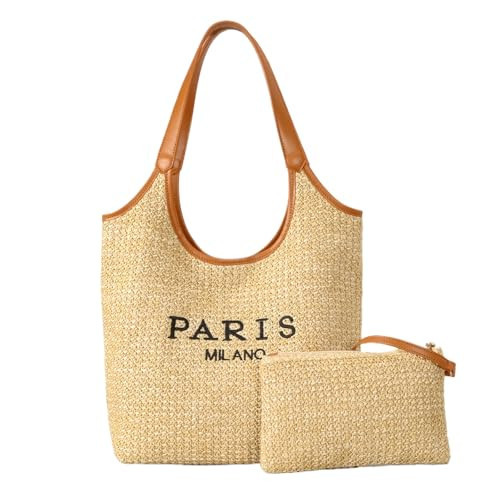 OWGSEE Straw Tote Bags for Women, Summer Straw Purses and Handbags Shoulder Woven Raffia Beach Bag with Coin Purse(Khaki) | Amazon (US)