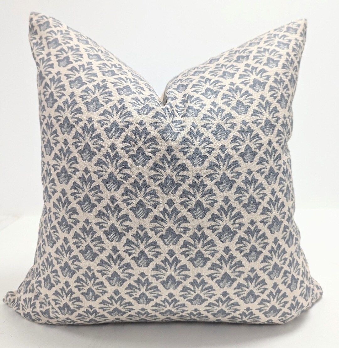 Beige and Blue Floral Linen Pillow Cover, Designer Block Print Cushion Cover, Modern Farmhouse De... | Etsy (US)