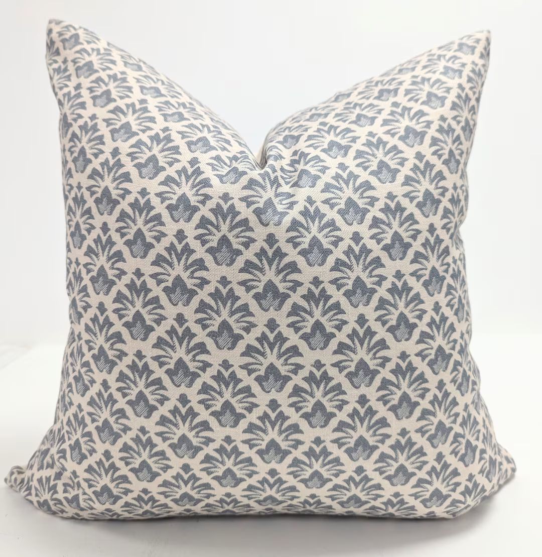 Beige and Blue Floral Linen Pillow Cover Designer Block Print - Etsy | Etsy (US)