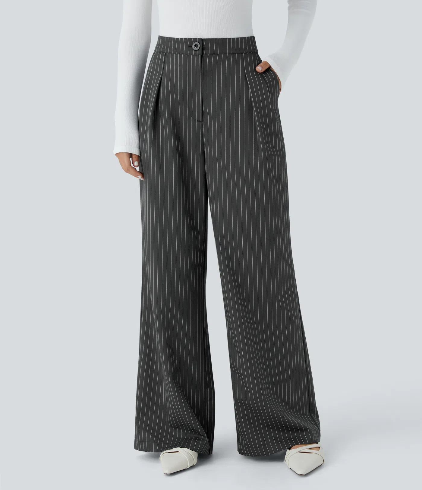 Women’s High Waisted Zipper Pocket Wide Leg Striped Work Pants - Halara | HALARA
