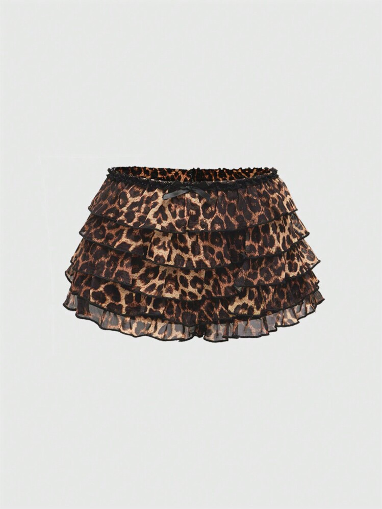 ROMWE J-Fashion Plus Size Retro Cute Leopard Print Mesh Ruffle Trim Bloomers Shorts | SHEIN