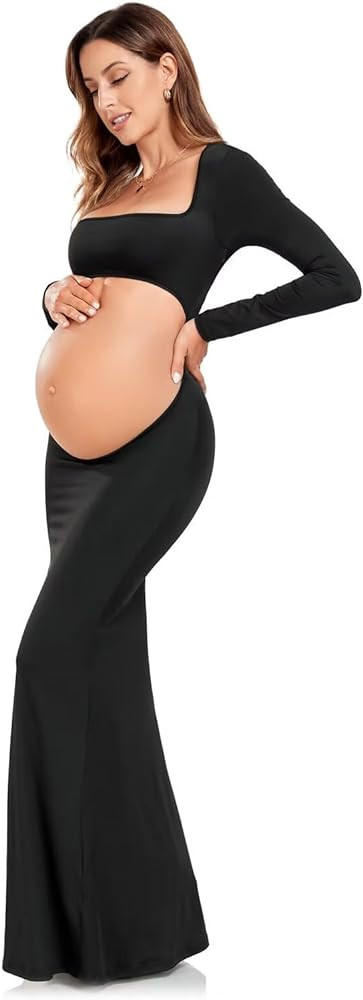 Maternity Dress for Photoshoot Black Long Sleeve Gown Open Belly Backless Bodycon Pregnancy Dress... | Amazon (US)