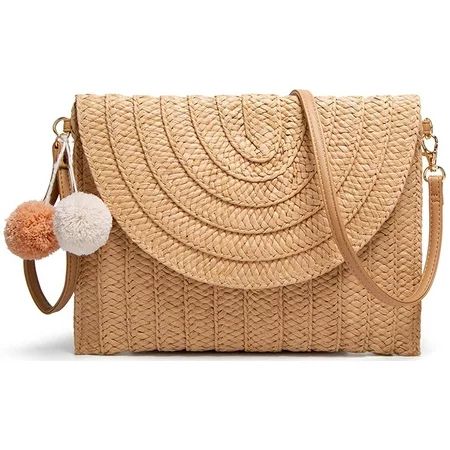 Straw Shoulder Bag Straw Clutch Women Hand-woven PomPom Straw Crossbody Bag Summer Beach Envelope Pu | Walmart (US)