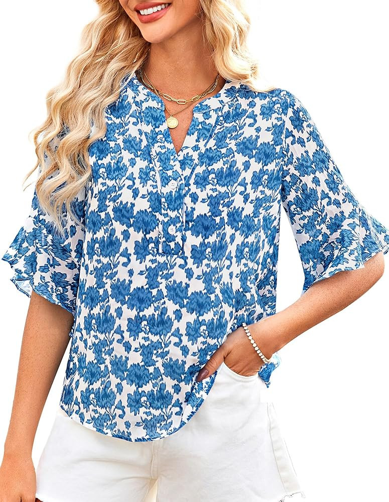 GRACE KARIN Women's Summer 3/4 Sleeve Tops Boho Floral Blouses Dressy Casual Tunic Ruffle V Neck ... | Amazon (US)