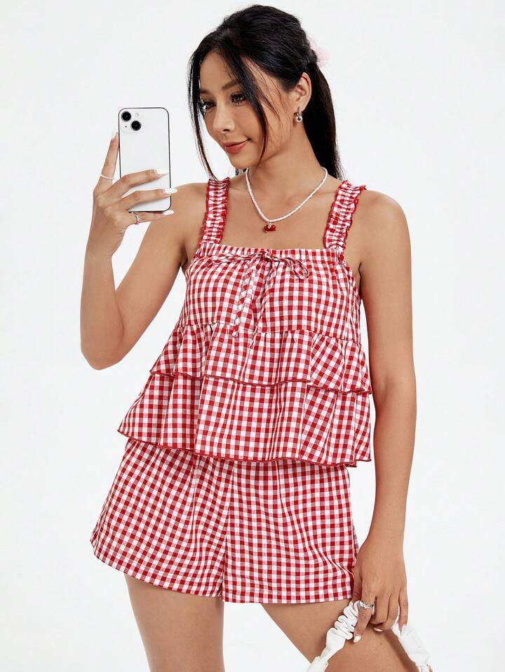 SHEIN MOD Women's Gingham Pattern Ruffle Hem Cami Top And Shorts Set | SHEIN