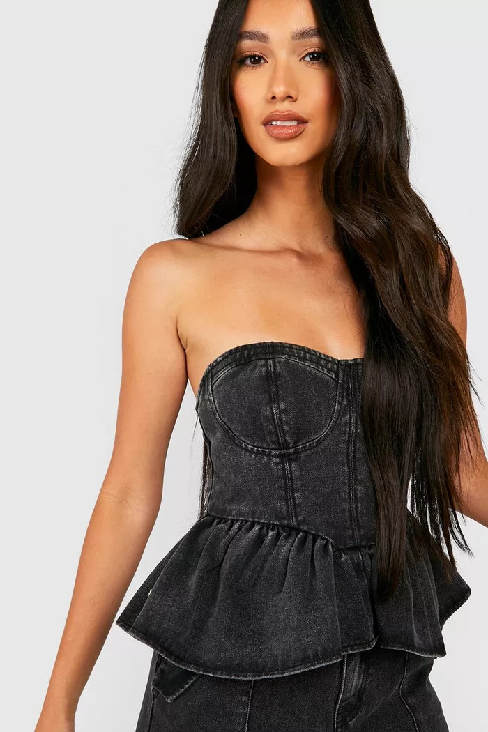 Washed Denim Peplum Hem Corset Top | boohoo (US & Canada)