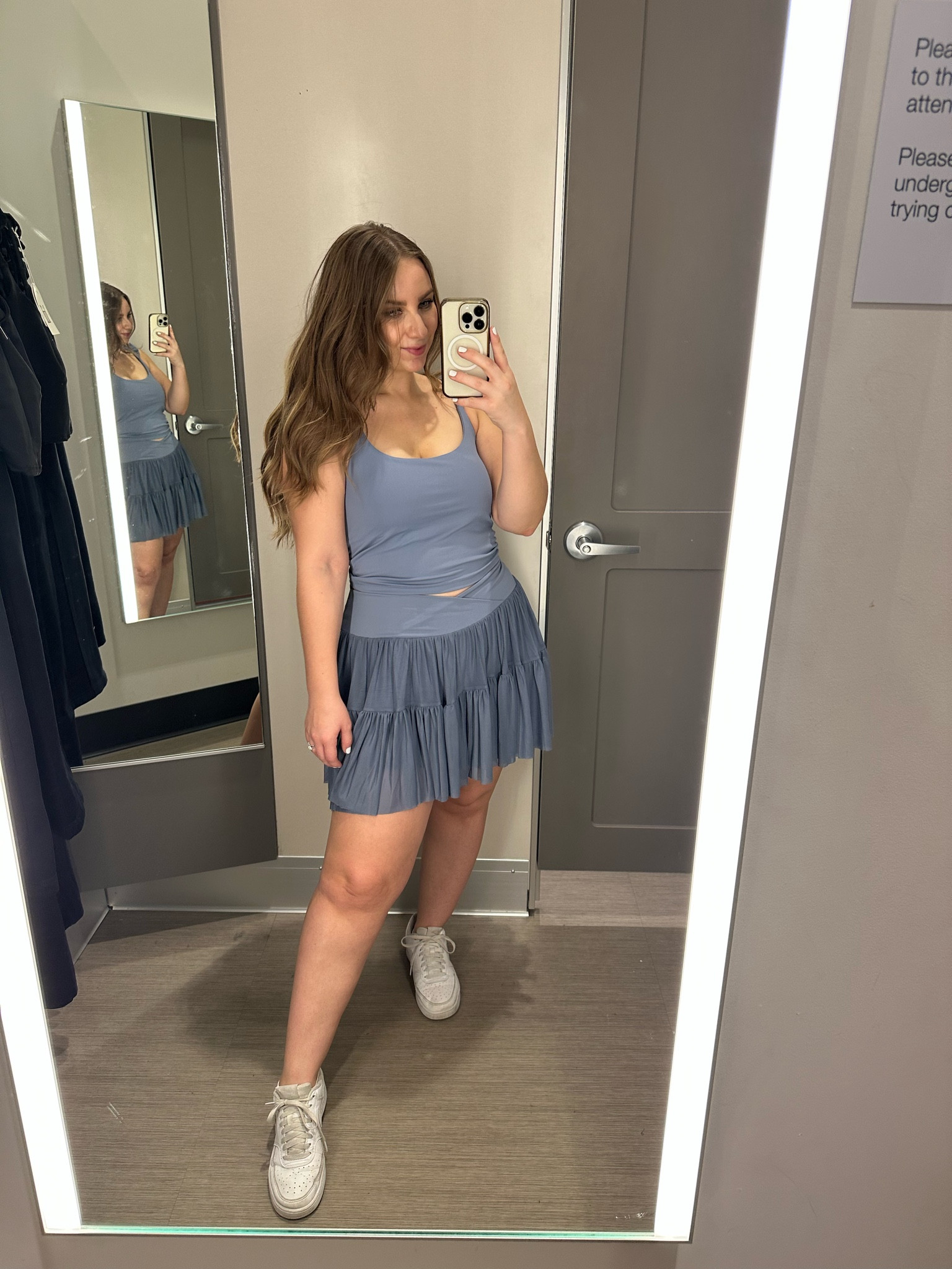 Loving this steel blue color and the ruffles on this set! The straps of the top have ruffles and the skirt is super flouncy with shorts underneath. Wearing a medium in the top and a large in the skirt!

#LTKFindsUnder50 #LTKFitness #LTKActive