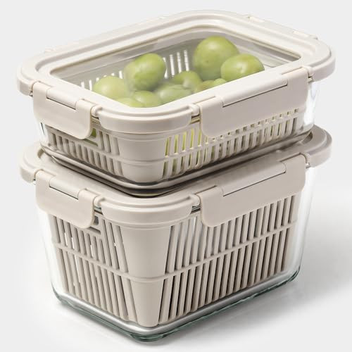 GENICOOK Glass Fruit & Produce Storage Containers for Fridge, 2-Pack Airtight Fruit and Vegetable... | Amazon (US)