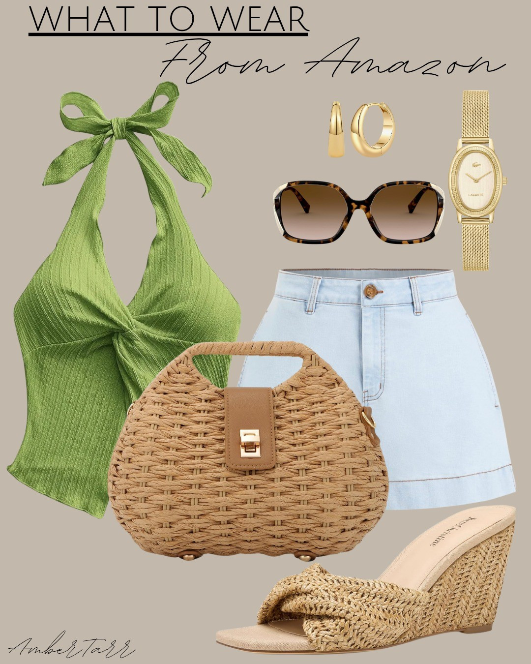 Green summer outfit from Amazon that is fresh, fun, and perfect for warm weather days. A textured green tie halter crop top paired with light wash denim shorts, a woven rattan bag, raffia wedge sandals, tortoise shell sunglasses, gold hoop earrings, and a dainty gold watch.  this casual summer look is ideal for a beach day, summer brunch, or a relaxed vacation outfit that comes together effortlessly.

#LTKSeasonal #LTKootd #LTKgrwm