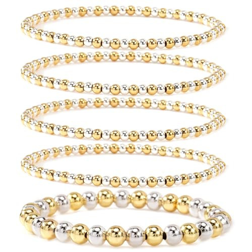 Bohxantium Silver Gold Bracelets Set for Women Stackable 14K Gold Plated Beaded Bracelets Stack Elastic Stretch Beads Ball Non Tarnish Stretch Adjustable Trendy Jewelry Prom Birthday Gifts for Women | Amazon (US)