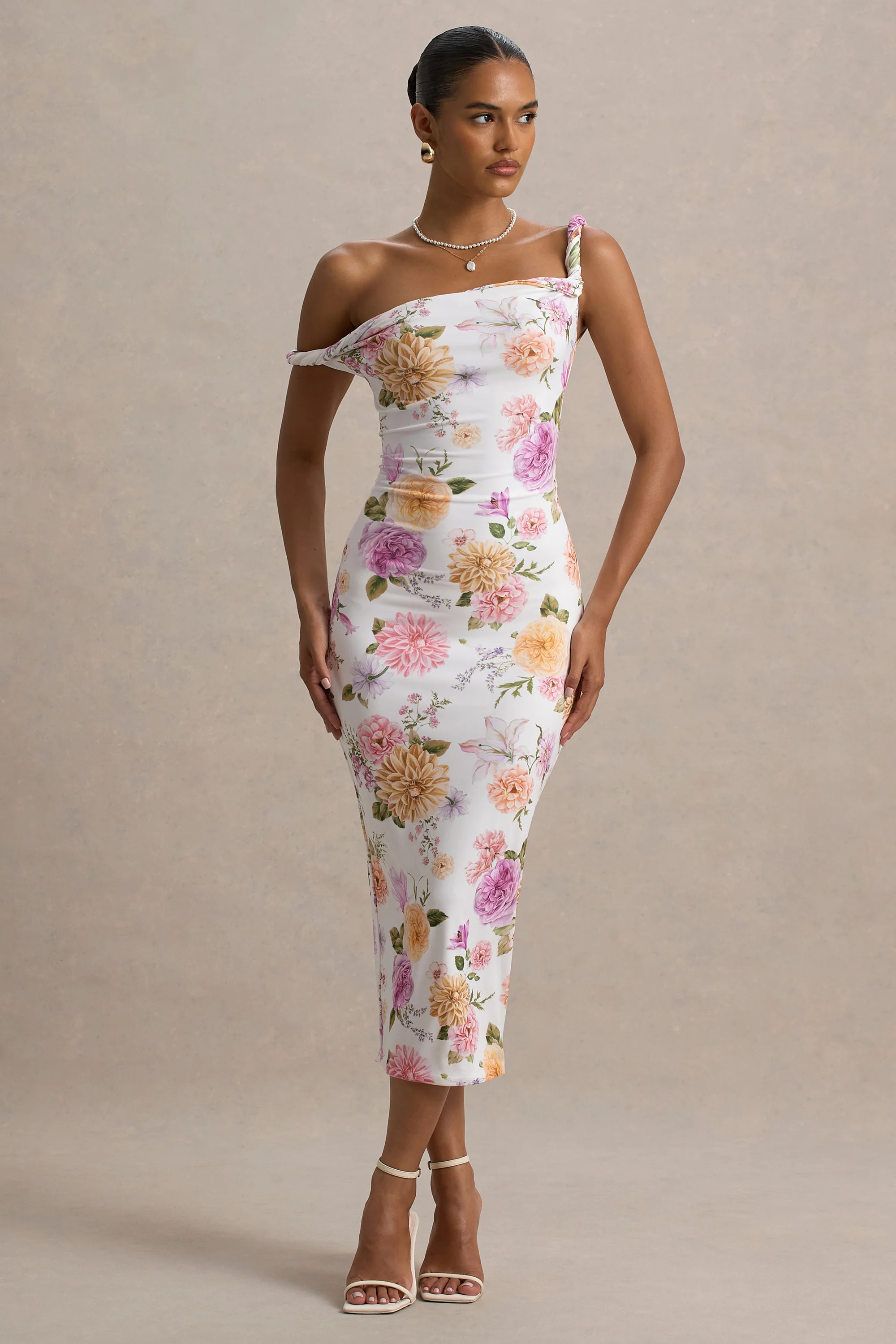 Nora | Peach And Lilac Floral Twisted Asymmetric Midi Dress | Club L London