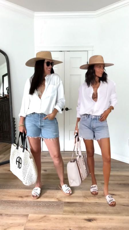 Recreating Pinterest looks for summer!

Sizing:
Shorts-Parker Agolde Long shorts, SIZE UP at least one size for a looser fit
White button down-Faherty, wearing small
Bikini top-Target, wearing small
Chloe sandals-run TTS

Summer outfit | lake outfit | casual outfit straw hat | straw bag 

#LTKOver40 #LTKStyleTip