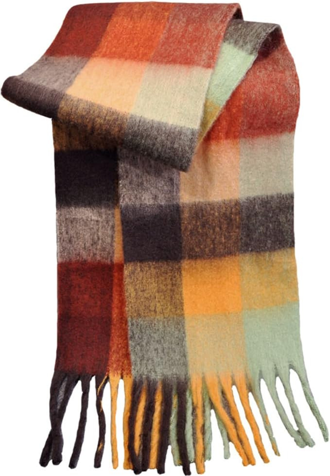 Women's cashmere feeling, large color check scarf, winter warm scarf, rainbow color plush soft | Amazon (US)