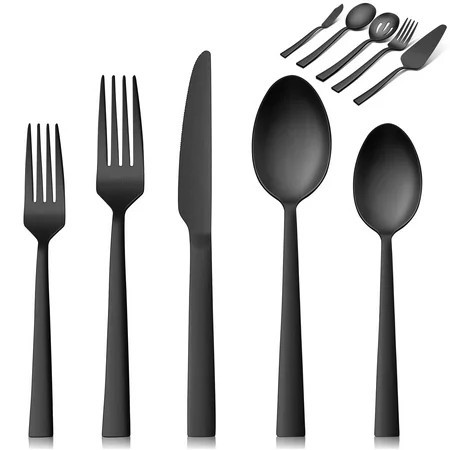 VeSteel 65Pcs Matte Black Silverware Set with Serving Utensils, Stainless Steel Flatware Set Service for 12, Metal Cutlery Eating Utensils Tableware Includes Forks/Spoons/Knives/Hostess Set | Walmart (US)
