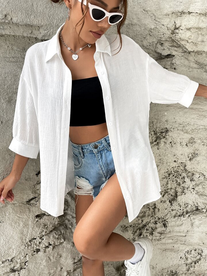 SHEIN EZwear Spring And Summer Shirts White Casual Solid Drop Shoulder Button Front Beach Shirt |... | SHEIN