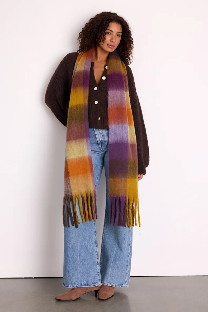 Avette Dark Purple Multi Plaid Oversized Fringe Scarf | Lulus