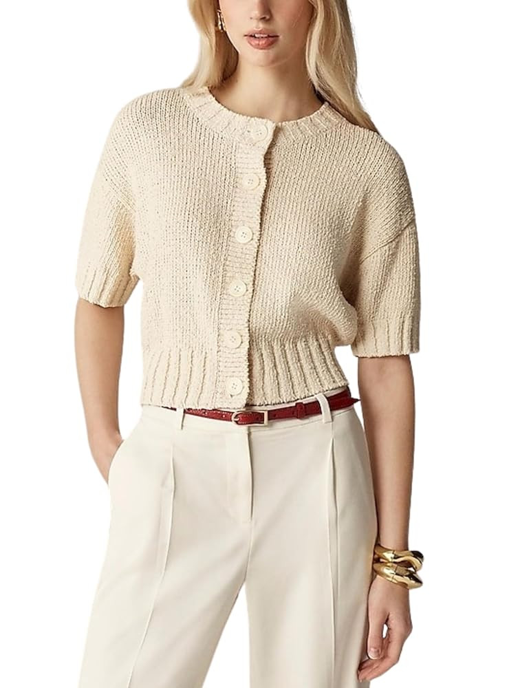 Womens 2025 Lightweight Cardigan Short Sleeve Knit Button Down Cropped Pullover Ribbled Sweater | Amazon (US)