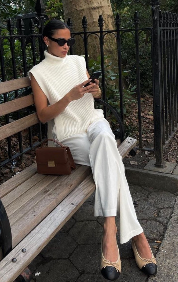 This all-white outfit shows how soft textures and tailored pieces create an effortlessly elegant everyday look.
A sleeveless turtleneck, classic trousers, and timeless ballet flats make the outfit feel polished, minimal, and quietly luxurious. 

 #LTKSpringSale #LTKootd