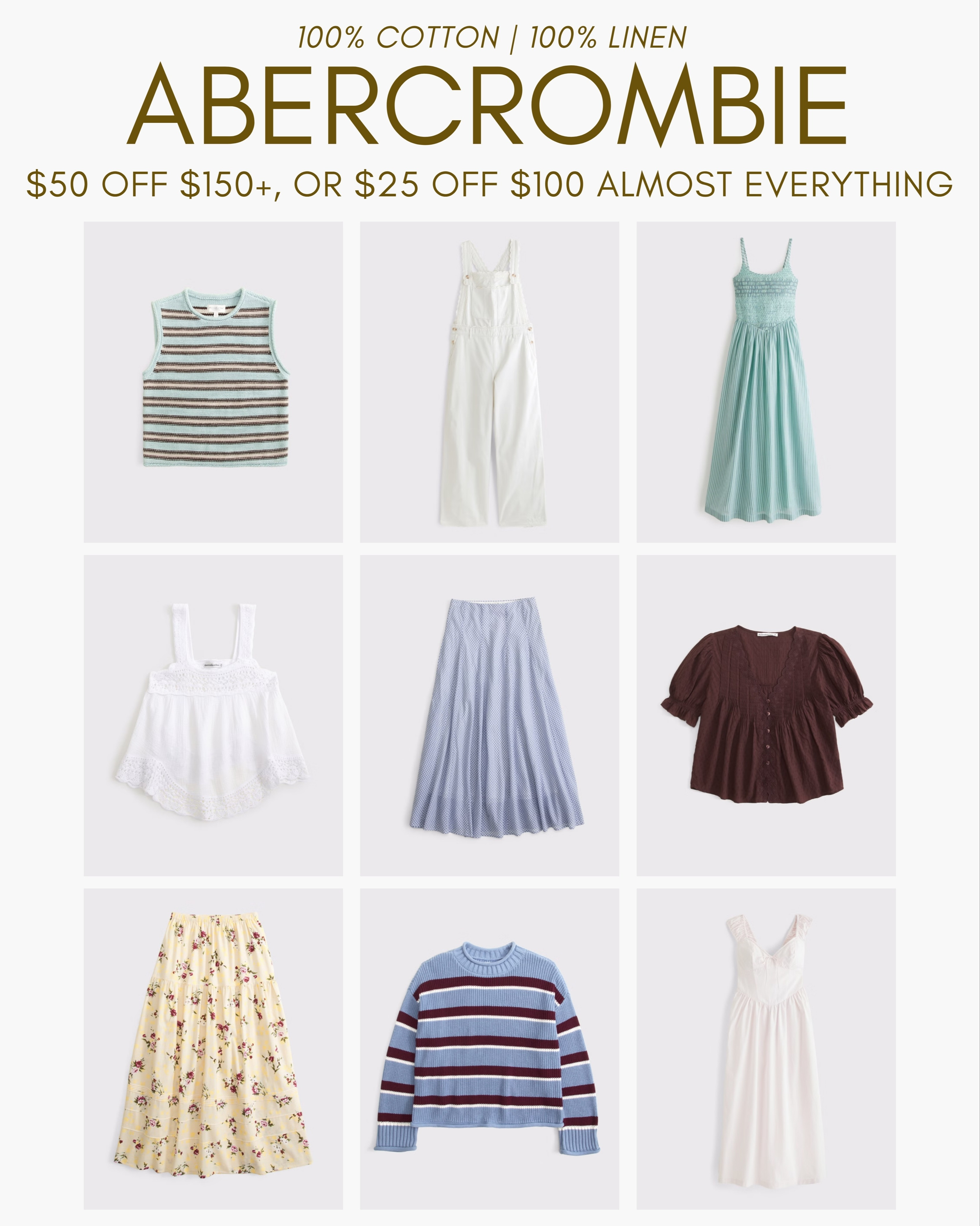 100% cotton | 100% linen at Abercrombie *Offer valid in stores and online July 30, 2026 to August 2, 2026 in US/CA. Exclusions apply as indicated. Discount applied to subtotal before tax and shipping/handling at checkout. 

 #LTKootd #LTKSeasonal #LTKSaleAlert