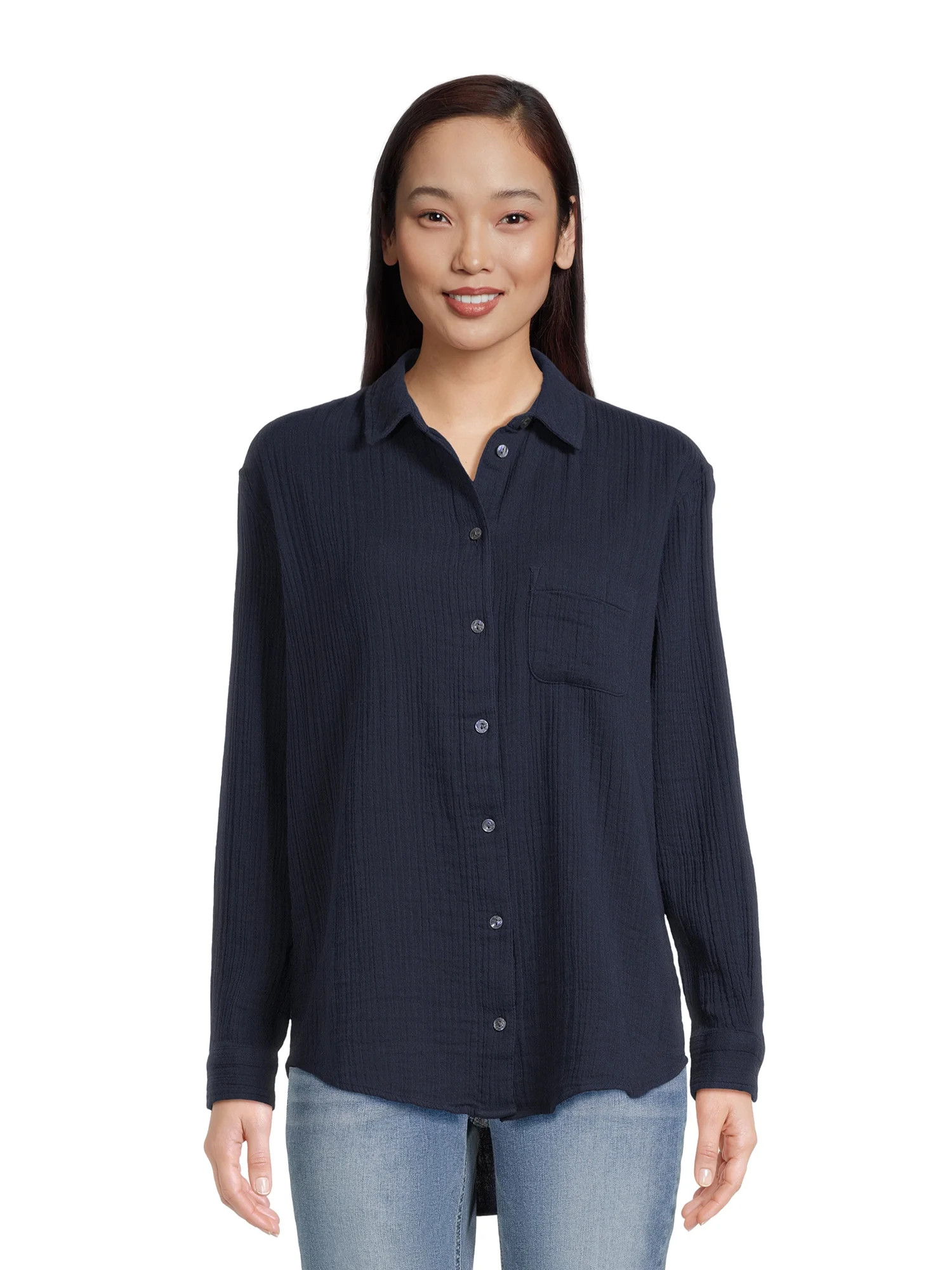 Time and Tru Women’s Double Cloth Shirt with Long Sleeves, Sizes XS-XXXL | Walmart (US)