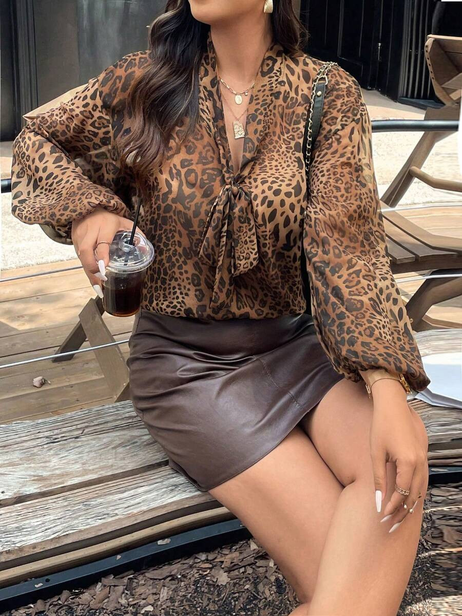 Vintage Chiffon Leopard Print Lace-Up Long Sleeve Cover Up Cover Up | SHEIN