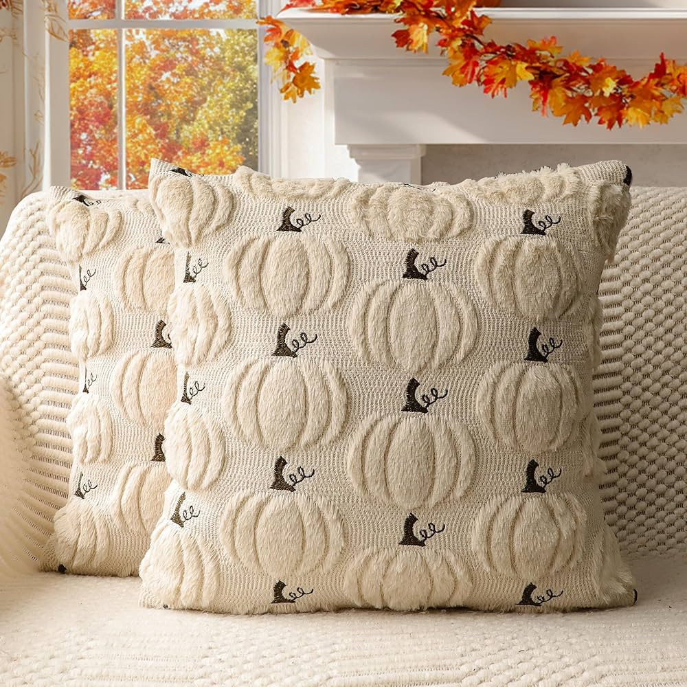 4TH Emotion Fall Pumpkin Decorative Pillow Covers 18x18 Set of 2, Beige Soft Plush Faux Fur Wool ... | Amazon (US)