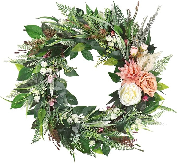 Kmise 27" Spring Wreath for Front Door, Summer Winter Peony Green Leaf Wreaths for Wall Room Wind... | Amazon (US)