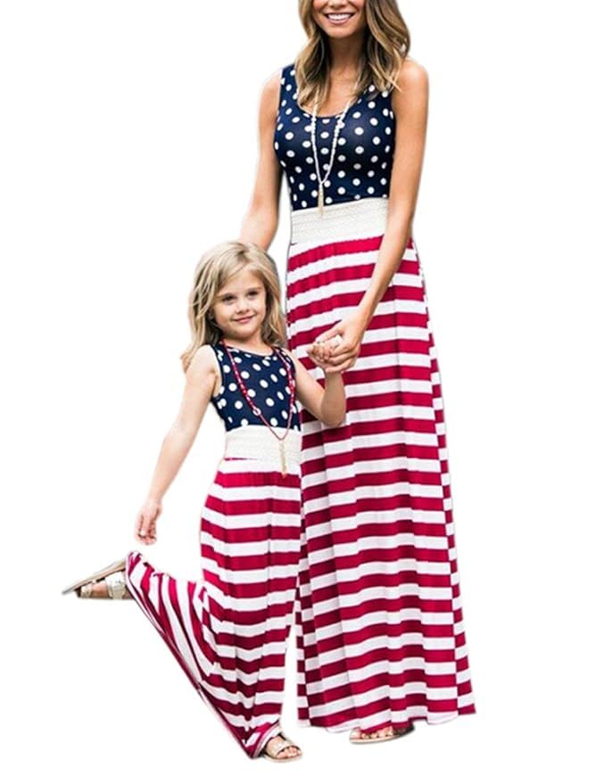 4th of July American Flag Mommy and Me Stripe Stitching Beach Maxi Dresses | Amazon (US)
