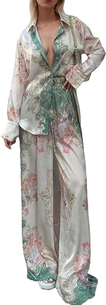 TIAFORD Women Beach Vacation 2 Piece Sets Outfits Fall Floral Button Down Long Sleeve Shirt Wide ... | Amazon (US)
